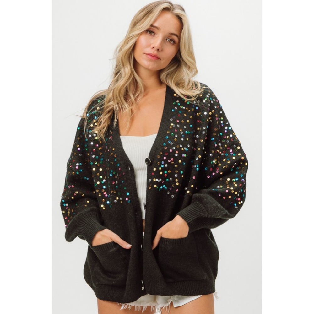 BiBi Black Oversized PATCH POCKETS MULTI COLOR SEQUINS V-NECK SWEATER CARDIGAN!